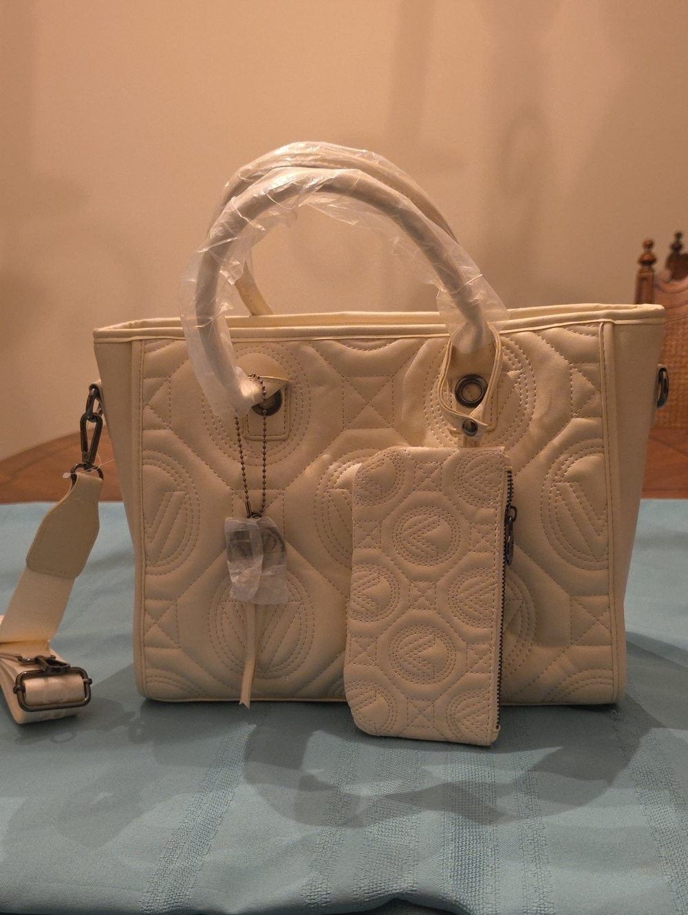 Valentino Orlandi Cream Quilted Tote with Removable Strap and Pouch